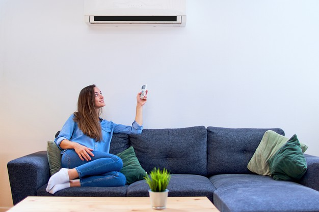 young-happy-woman-sitting-couch-air-conditioner-adjusting-comfort-temperature-with-remote-control-modern-home_122732-3727